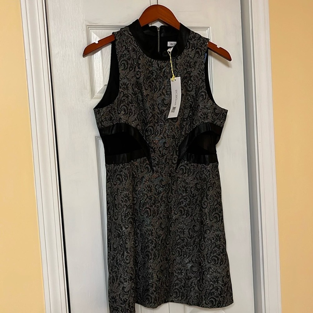 NWT BCBGeneration Silver Metallic Mock Neck Flare Dress size 6